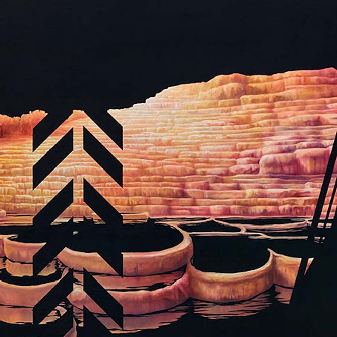 Detail of Terraces of Myth by Sofia Minson showing fiery pink silica terraces against Te Kore black sky, New Zealand original oil painting