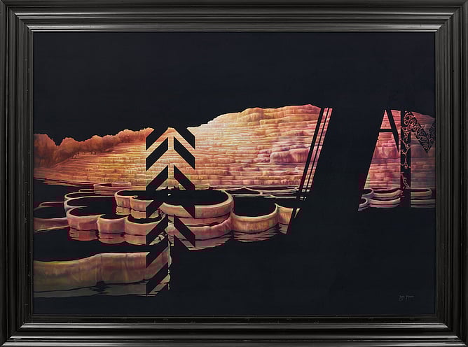 Terraces of Myth original painting by Sofia Minson, Te Tarata White Terraces in vivid pink and matte black with I AM text, large scale original New Zealand painting for sale