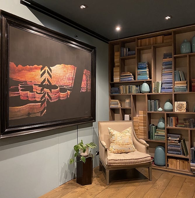 Terraces of Myth original painting by Sofia Minson displayed in situ, large scale oil and flashe on canvas depicting Te Tarata White Terraces, original New Zealand painting for sale