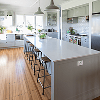 Kitchen & living, home interior design, wood floor, bar stools, tiled kitchen