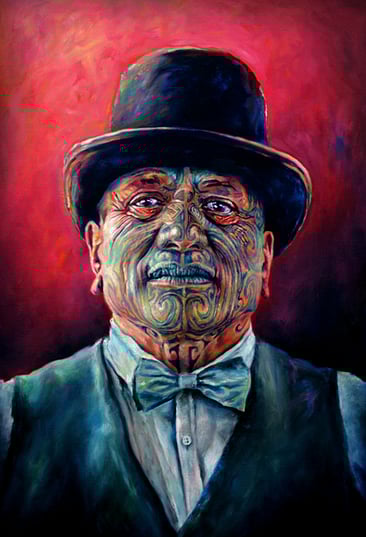 "Tame Iti" by Sofia Minson. 755 x 505mm. Oil on canvas. Original Sold.