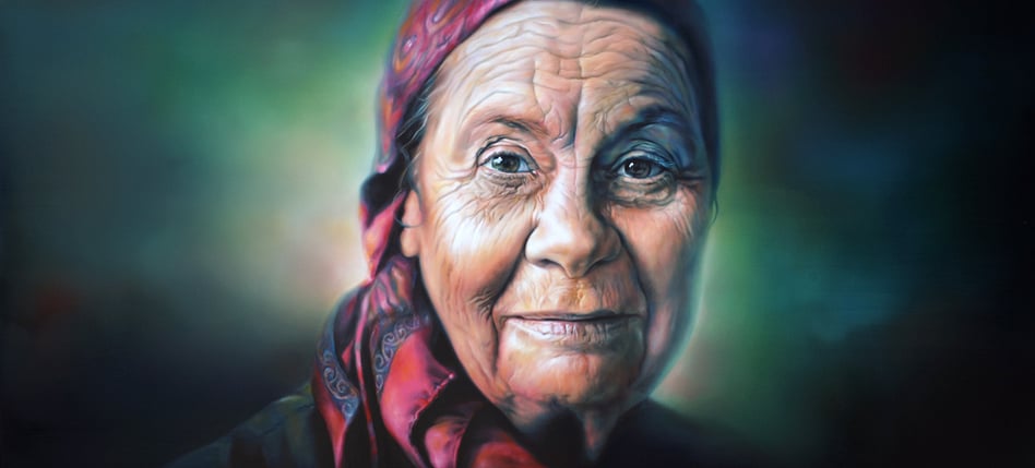 "Dame Joan Metge" by Sofia Minson. 850 x 1800mm. Oil on canvas. Original sold to the New Zealand Portrait Gallery collection.