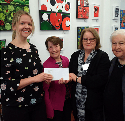 Parent to Parent  - Helen Smith Parent to Parent Waikato Coordinator, Catherine Smith Artist, Dorothy Gilson, Trust Chair, Cushla Mawston, Trustee- receiving donation from the trust as a result of art sales donated by artist Catherine Smith