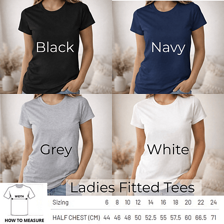 Ladies fitted tee size chart for coffee and moo