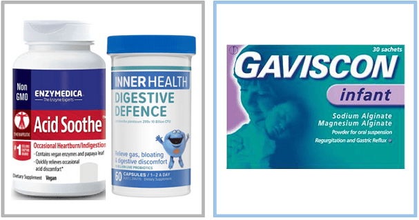 Adults: Ezymedica Acid Soothe & Inner Health Digestive Defence. -Children: Gaviscon Infant.