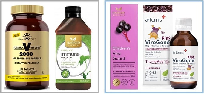 Adults: Solgar VM2000 & Harker Herbals Immune Tonic. -Children: Harker Herbals Vira Guard & Artemis Kids ViroGone.