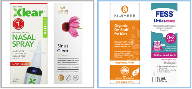 Adults: Xlear Xylitol Nasal Spray & Harker Herbals Sinus Clear. -Children: Kiwi Herb Organic De-Stuff For Kids & Fess Little Noses Nasal Spray.