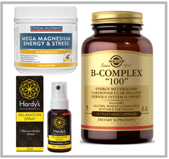 Ethical Nutrients Mega Magnesium Energy & Stress, Hardy's Relaxation Spray & Solgar B-Complex.
