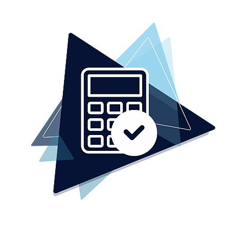Blue triangles with a calculator icon and check mark