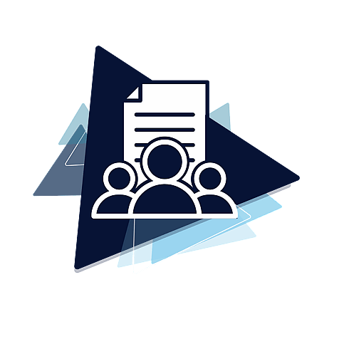 Blue triangles with an icon of people in front of a document