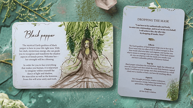 Front and Back images of the Black Pepper Card in the Essential Oils Oracle Deck pictured on a moss and gem background