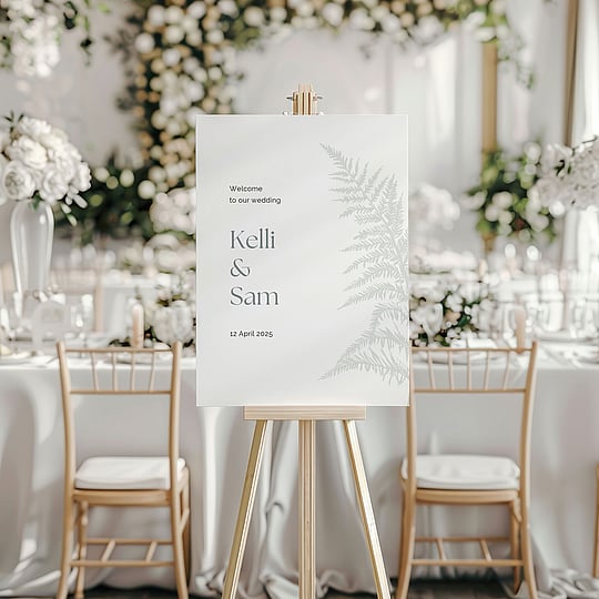 Wedding welcome sign with silver fern design on easel in elegant neutral styling | Wedding Invitations NZ