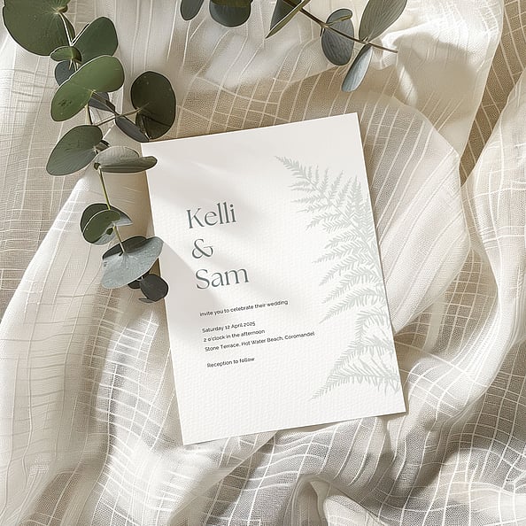 Minimal wedding invitation with silver fern motif and neutral styling | Wedding Invitations NZ