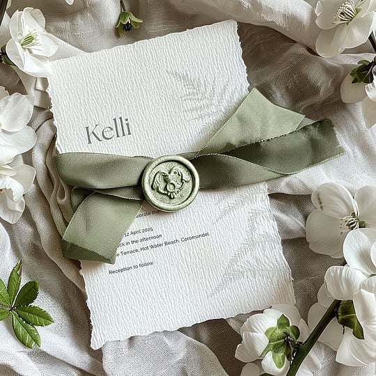 Wedding invitation suite with silk ribbon and wax seal in soft green and neutral palette | Wedding Invitations NZ