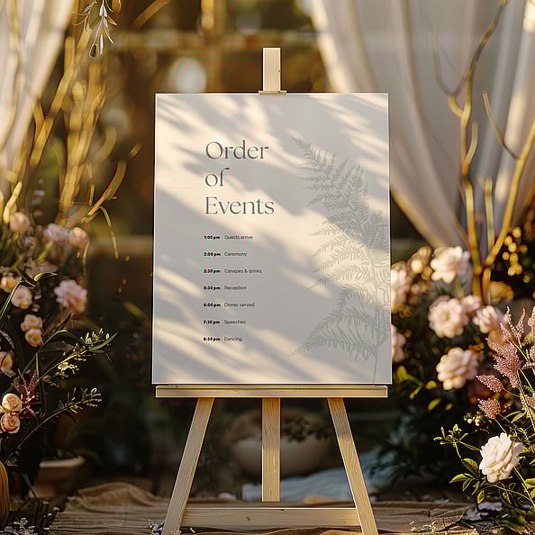Order of events wedding signage with silver fern design and neutral tones | Wedding Invitations NZ