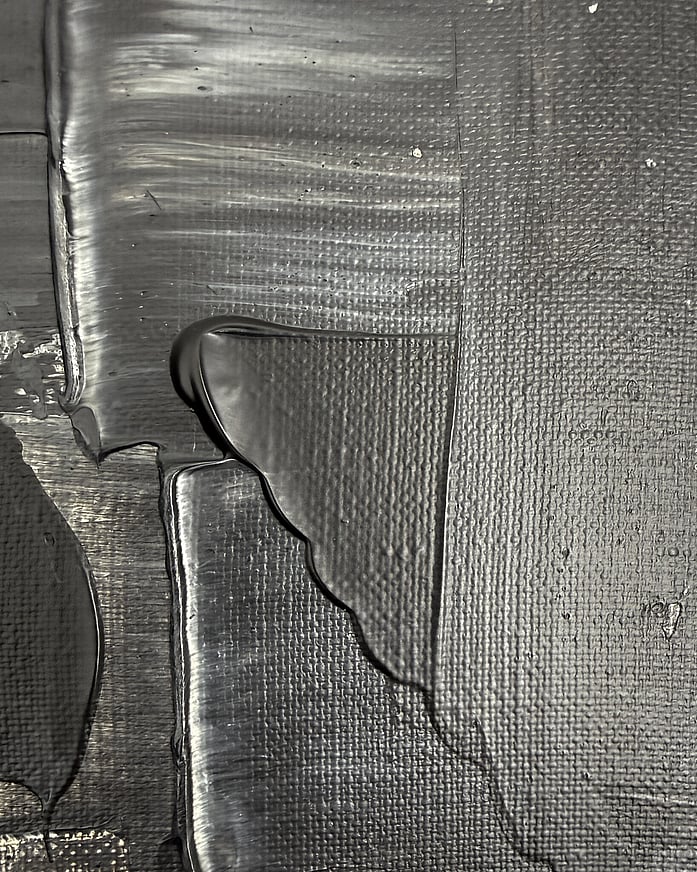 black and pale cream acrylic on linen, smooth drag marks with impasto ridge, pooled paint edge, satin surface, exposed weave