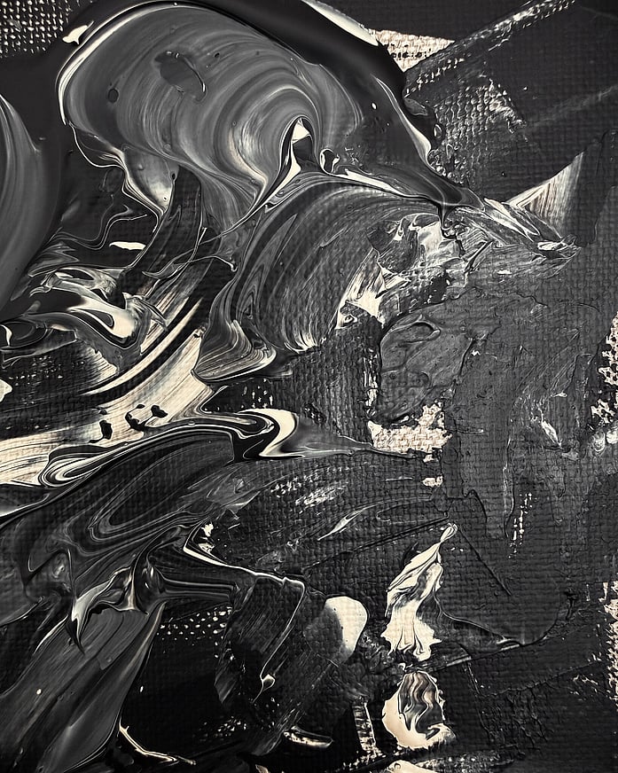 black and pale cream acrylic on linen, thick impasto swirl with marbled blending, pooled edges, glossy surface, visible linen weave