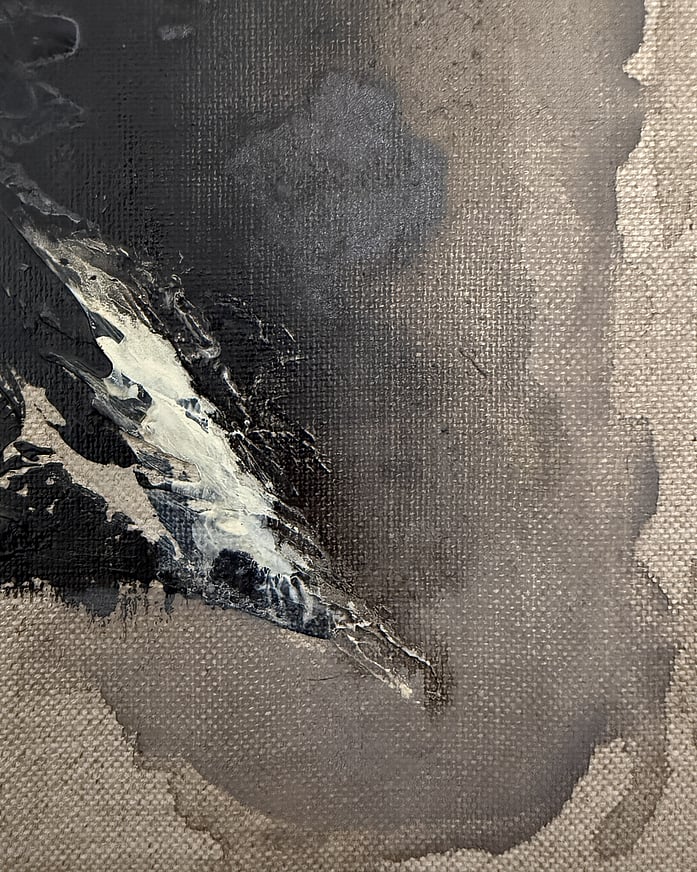 black and pale cream acrylic on linen, impasto ridge with dragged paint, grey micaceous iron oxide wash, pooled edge, visible weave
