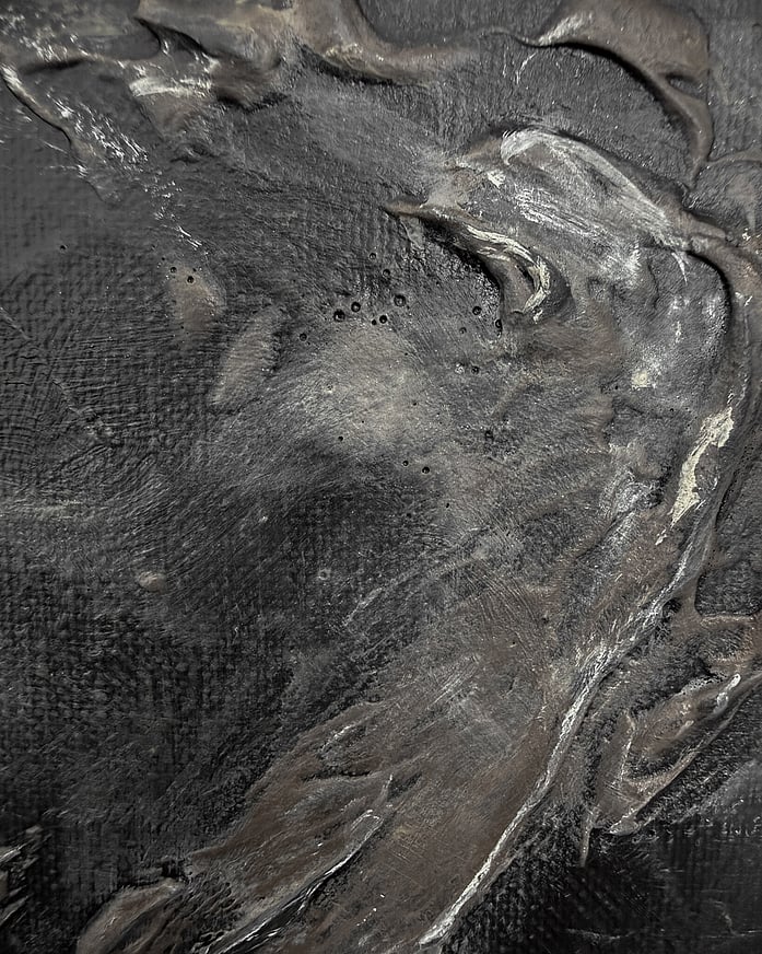 black and brown acrylic on linen, thick impasto with mineral-based compound, brown and cream blending, pitted texture, dense ridges
