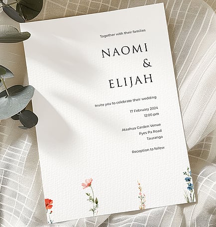 Wildflower wedding stationery suite New Zealand elegant minimal invitations