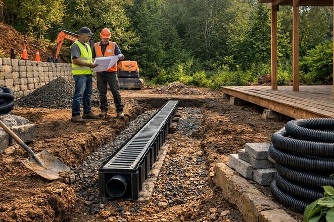 construction for drainage and building before landscaping is done