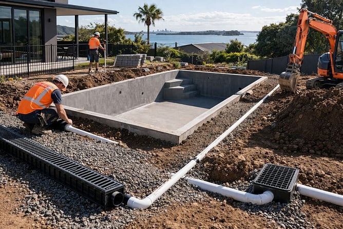 drainage experts putting in drains for a swimming pool installation