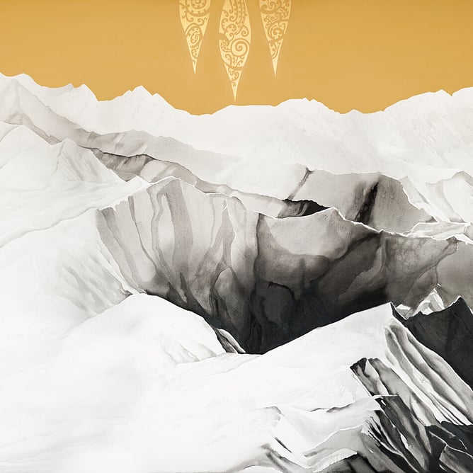 Detail of Te Waka a Māui by Sofia Minson showing gold waka paddles against burning yellow sky and ink-like ocean washes, original NZ painting