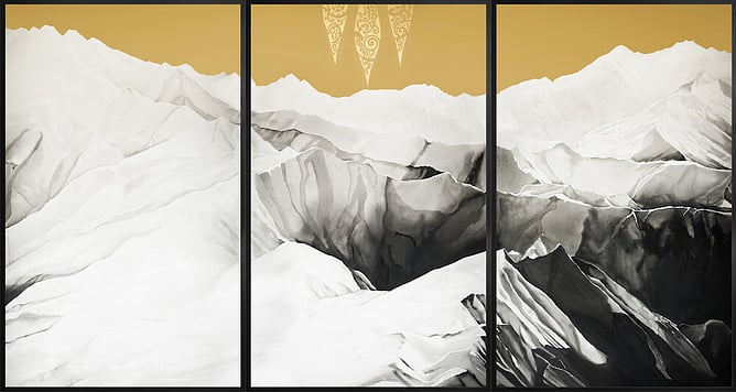 Te Waka a Māui original triptych painting by Sofia Minson, three metre wide Southern Alps landscape with gold waka paddles, large scale original New Zealand painting for sale