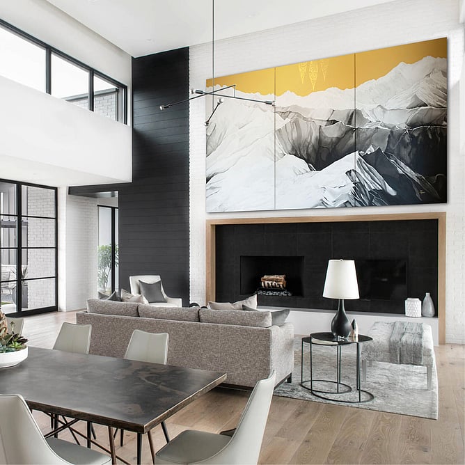 Te Waka a Māui original triptych painting by Sofia Minson displayed, three metre wide large scale New Zealand artwork on a statement wall, available for private collection