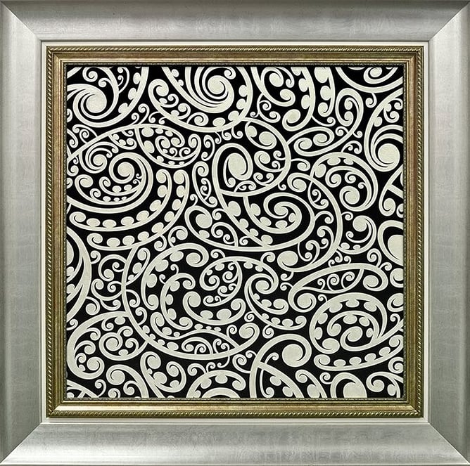 Koru original painting by Sofia Minson, metallic pearl fractal koru patterns spiralling from matte black Te Pō background, original New Zealand painting for sale
