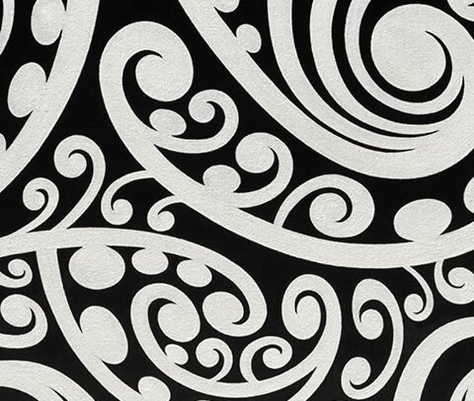 Detail of Koru original painting by Sofia Minson showing infinite fractal koru spiral in metallic pearl on black canvas, NZ original artwork