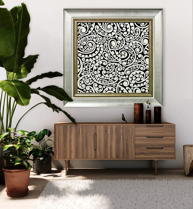 Koru original painting by Sofia Minson displayed in a contemporary interior, large scale metallic pearl fractal koru patterns on matte black canvas, original New Zealand artwork for private collection