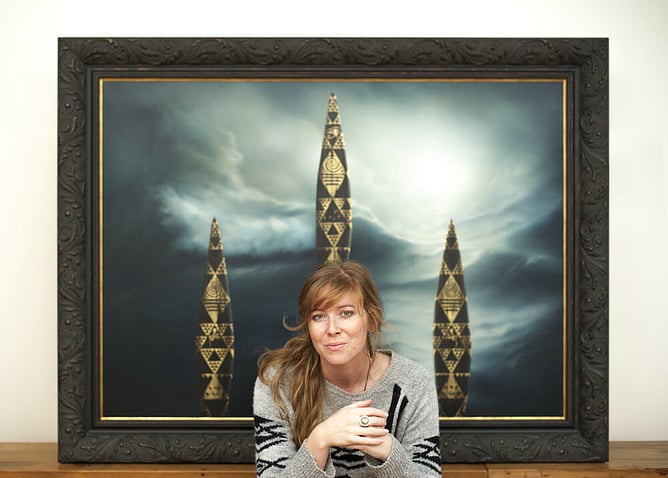 Sofia Minson before The Navigators original painting, acclaimed New Zealand artist with large scale Māori-inspired artwork, original New Zealand paintings for sale at newzealandartwork.com