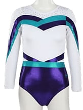 Long sleeve Gymnastics Leotard with Sleeves and neck in Yellow decorated with a White curl swirl and bottom half of leotard in Gunmetal