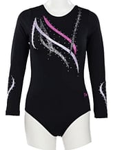 Long sleeve Gymnastics Leotard with Candy Pink sleeves and White curl on top chest and in Turquoise