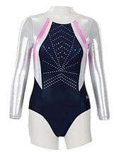 Long sleeve Gymnastics Leotard with the right sleeve White and left sleeve in Royal with Turquoise curls and leotard in Royal