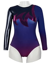 Long sleeve Gymnastics Leotard with Sleeves and neck in Yellow decorated with a White curl swirl and bottom half of leotard in Gunmetal