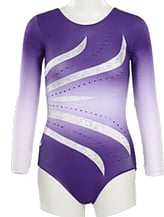 Long sleeve Gymnastics Leotard with Sleeves and neck in Yellow decorated with a White curl swirl and bottom half of leotard in Gunmetal