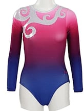 Long sleeve Gymnastics Leotard with Candy Pink sleeves and White curl on top chest and in Turquoise
