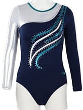 Long sleeve Gymnastics Leotard with the right sleeve White and left sleeve in Royal with Turquoise curls and leotard in Royal