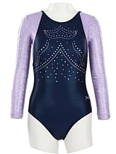 Long sleeve Gymnastics Leotard with Sleeves and neck in Yellow decorated with a White curl swirl and bottom half of leotard in Gunmetal