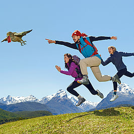 A shot of three adventurers chasing a Kea on a Kathmandu advertisement that Laura worked on.