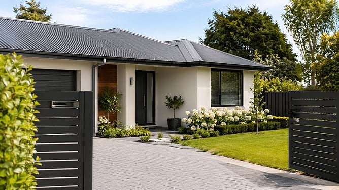 Modern suburban home with landscaped entry created by ai