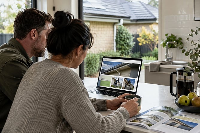 couple looking at spouting website