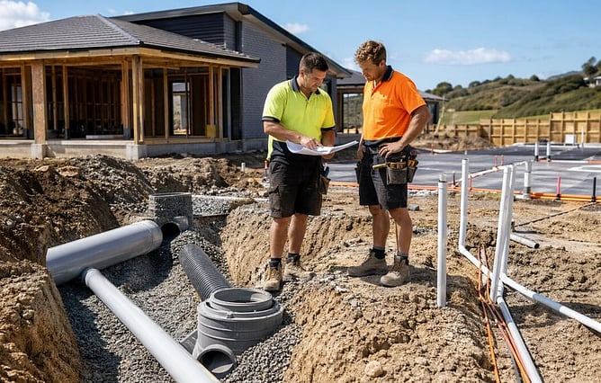 two tradies discussing new build drainage on site, ai image