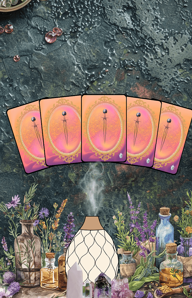 oracle card spread on a moss and gem background with a diffuser and essential oils
