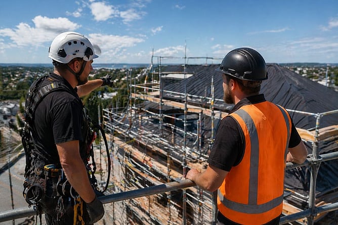 roofers using rope access and scaffolding on difficult roofing project ai created