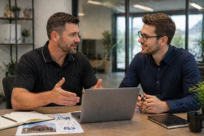 roofer talking to digital marketer ai created image