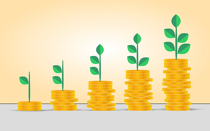 A growing pile of gold coins each with new leaf shoots growing from them.