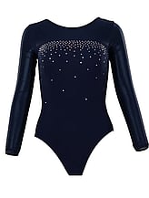 Long sleeve Gymnastics Leotard with Purple Sleeves wrapped round neck and Bottom covered in Blue